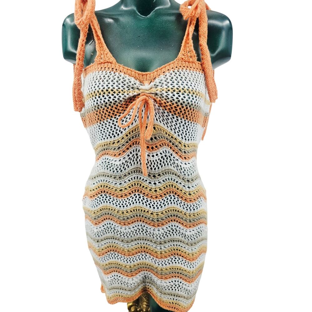 Crochet Short Mini Dress Cover Up Orange Cream Chevron western Boho Size M 4146